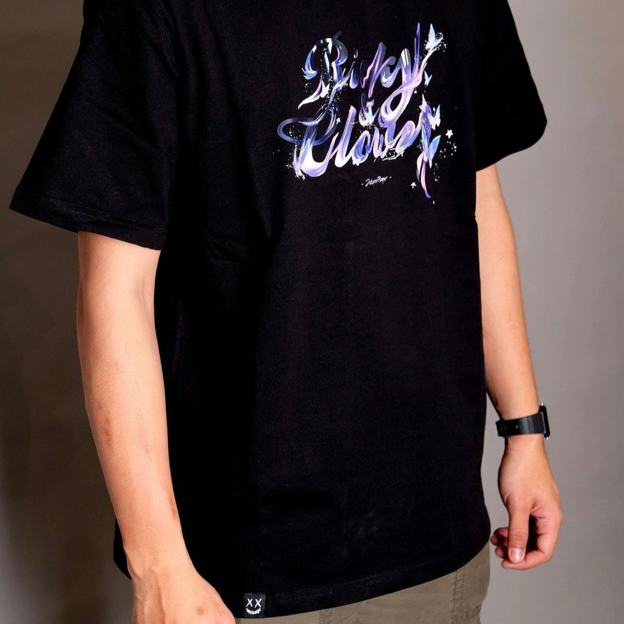 Black Rickyisclown Mystical Butterfly Tee featuring a colorful butterfly graphic on the front, casual t-shirt for men and women.