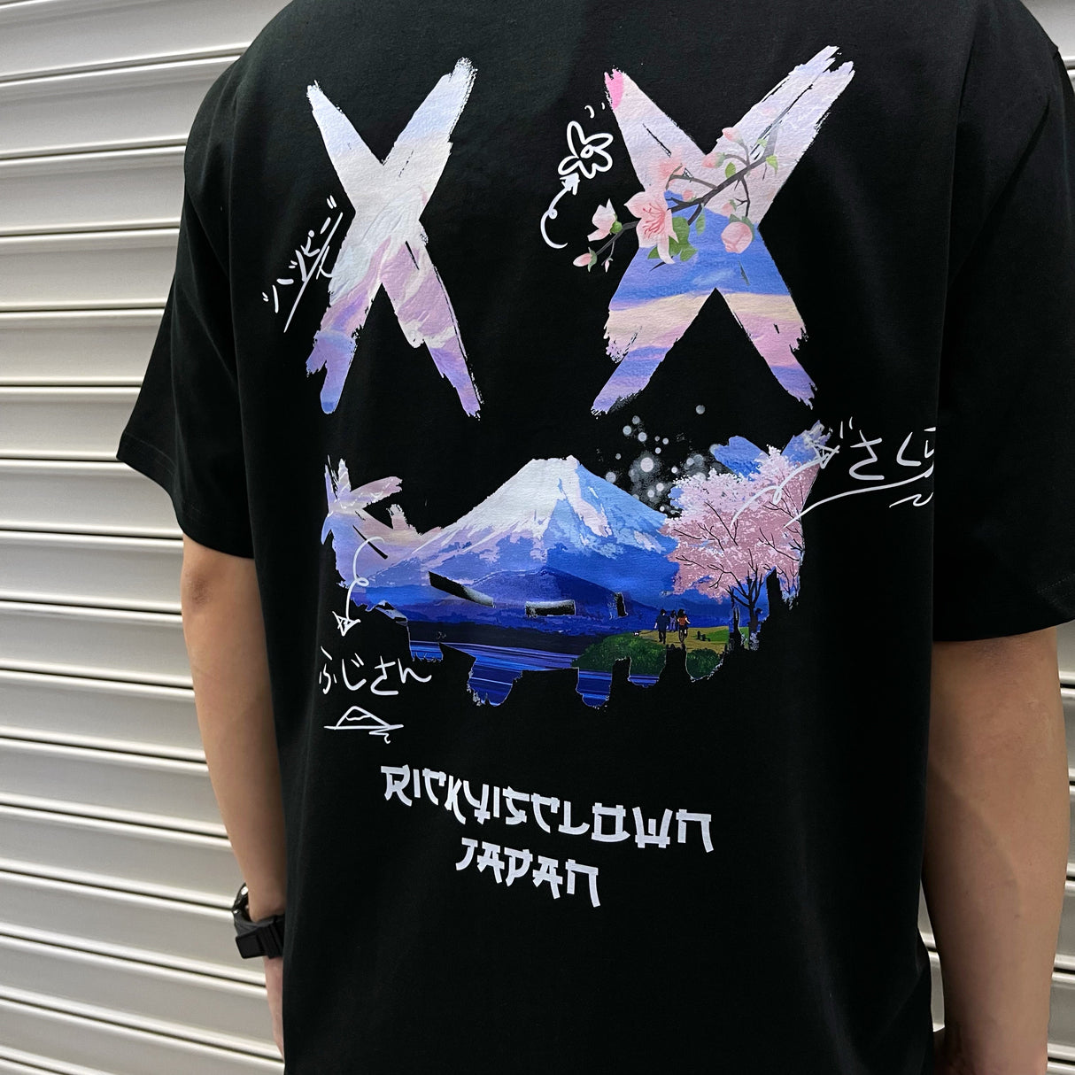 Black Rickyisclown Japan Mount Fuji and sakura print T-shirt featuring Mount Fuji and cherry blossoms, casual apparel by RICKYISCLOWN.