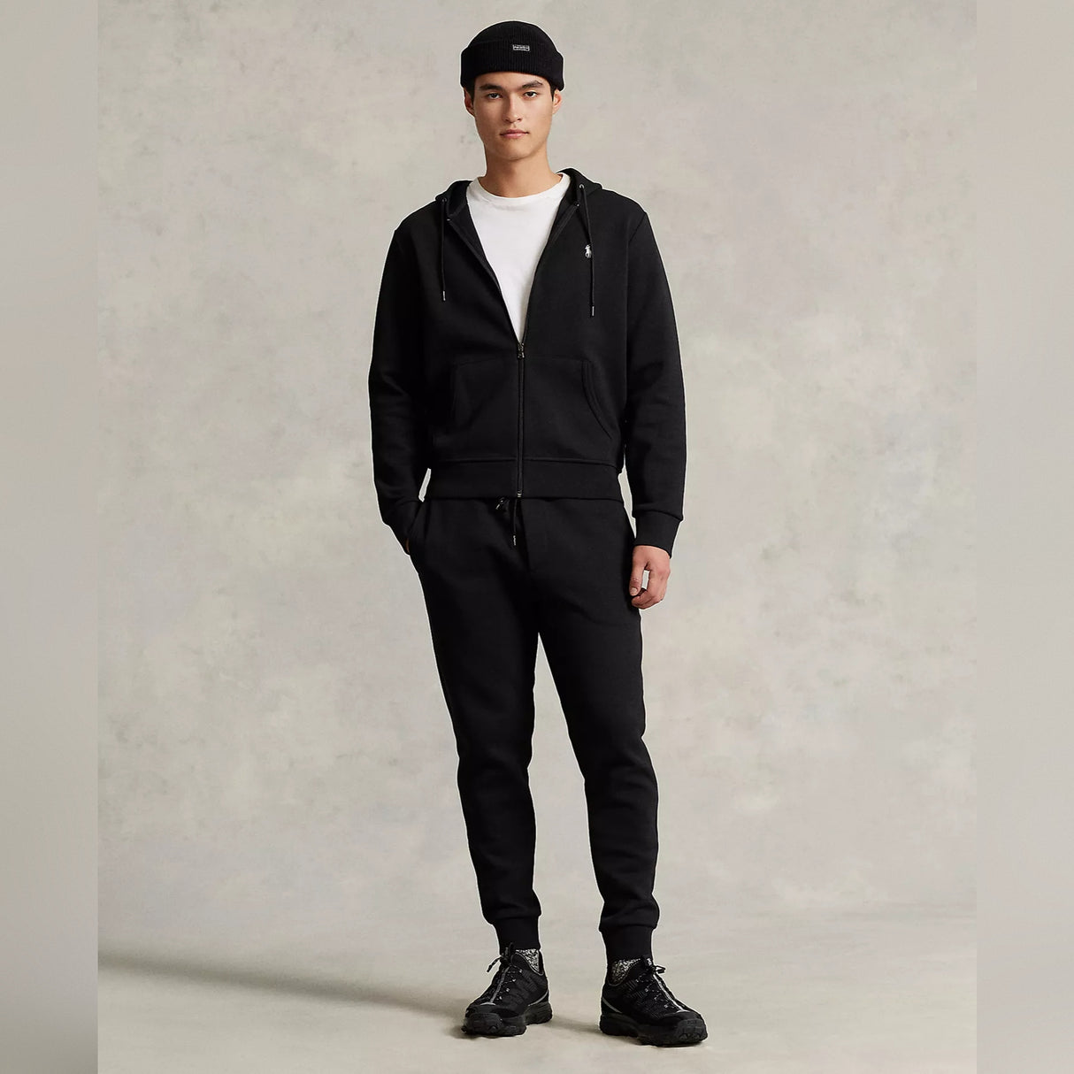 Black Polo Ralph Lauren double knit zip hoodie with front zipper and ribbed cuffs, displayed on a plain background.