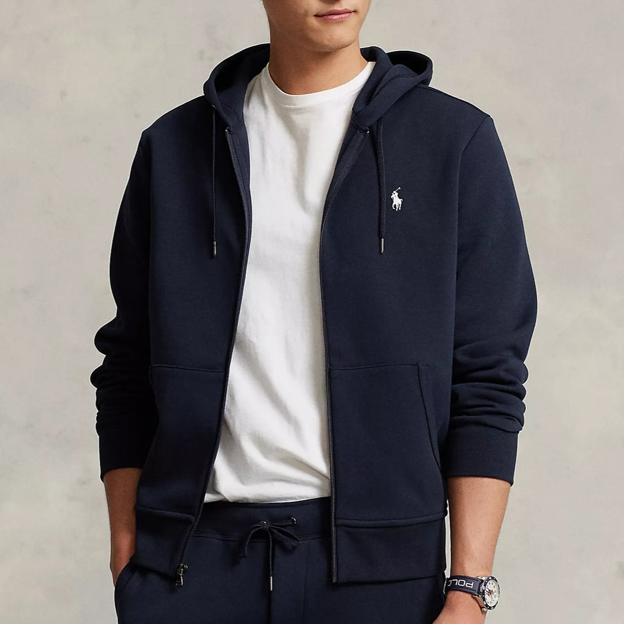 Navy Polo Ralph Lauren double knit zip hoodie with front zipper and ribbed cuffs, casual apparel for comfortable style.