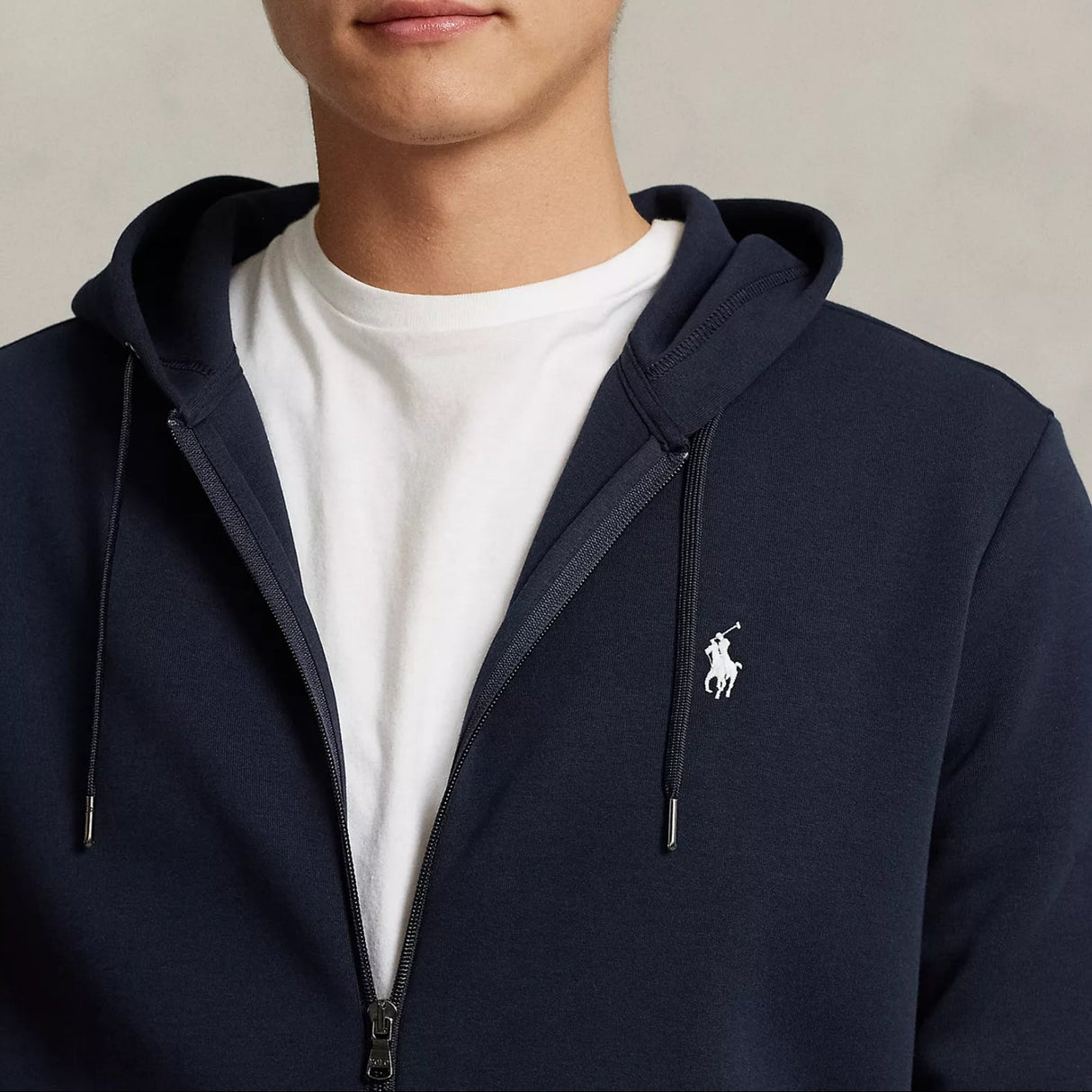 Navy Polo Ralph Lauren double knit zip hoodie, casual apparel with a front zipper and comfortable fit, displayed on a plain background.