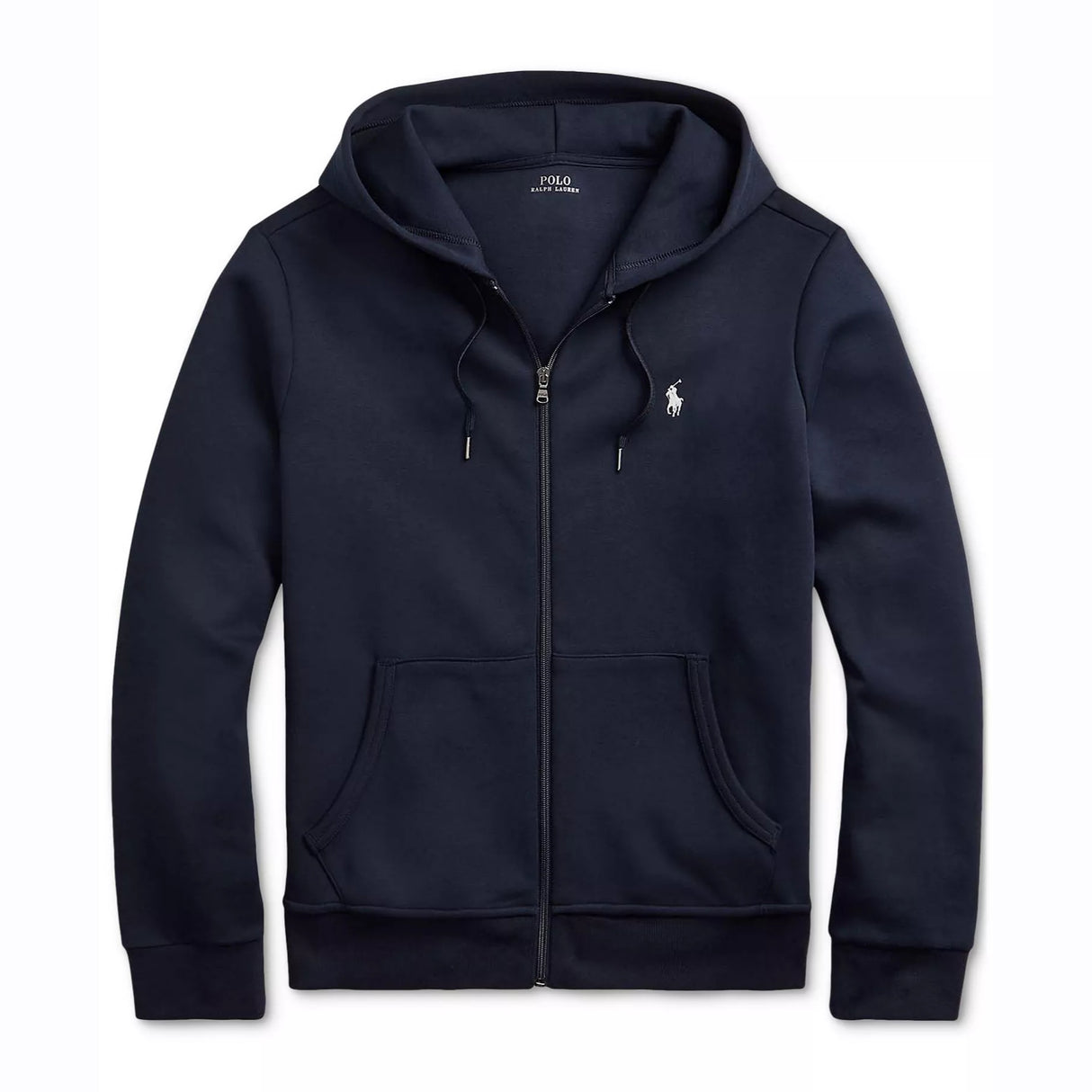 Navy Polo Ralph Lauren double knit zip hoodie with front zipper and ribbed cuffs, casual apparel for men.