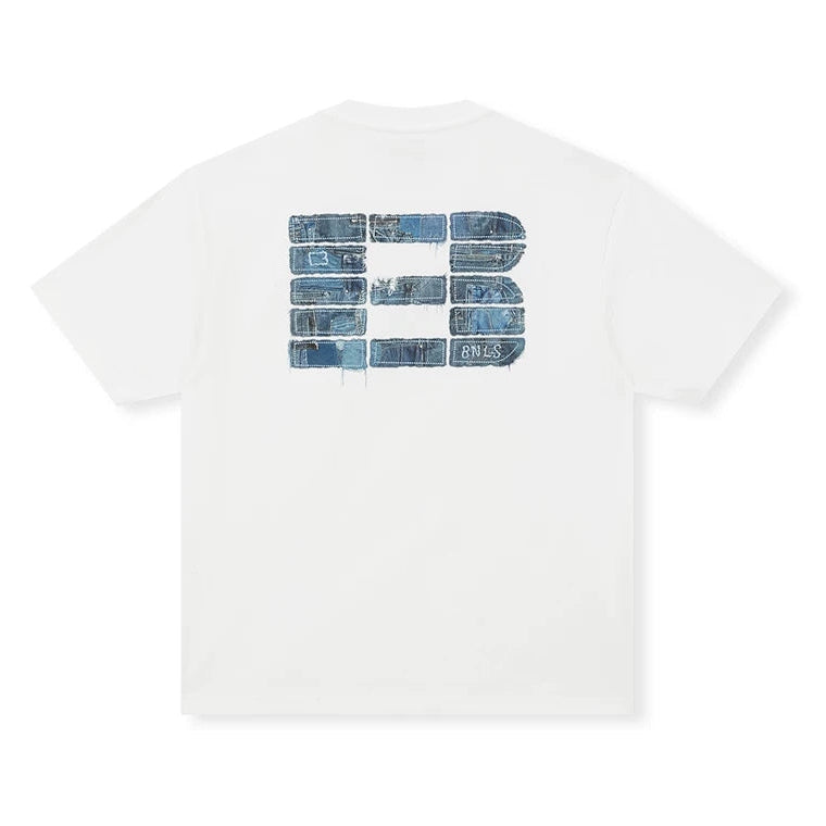 Boneless white faux denim applique logo t-shirt, casual apparel with a stylish denim-inspired design, shown on a plain background.