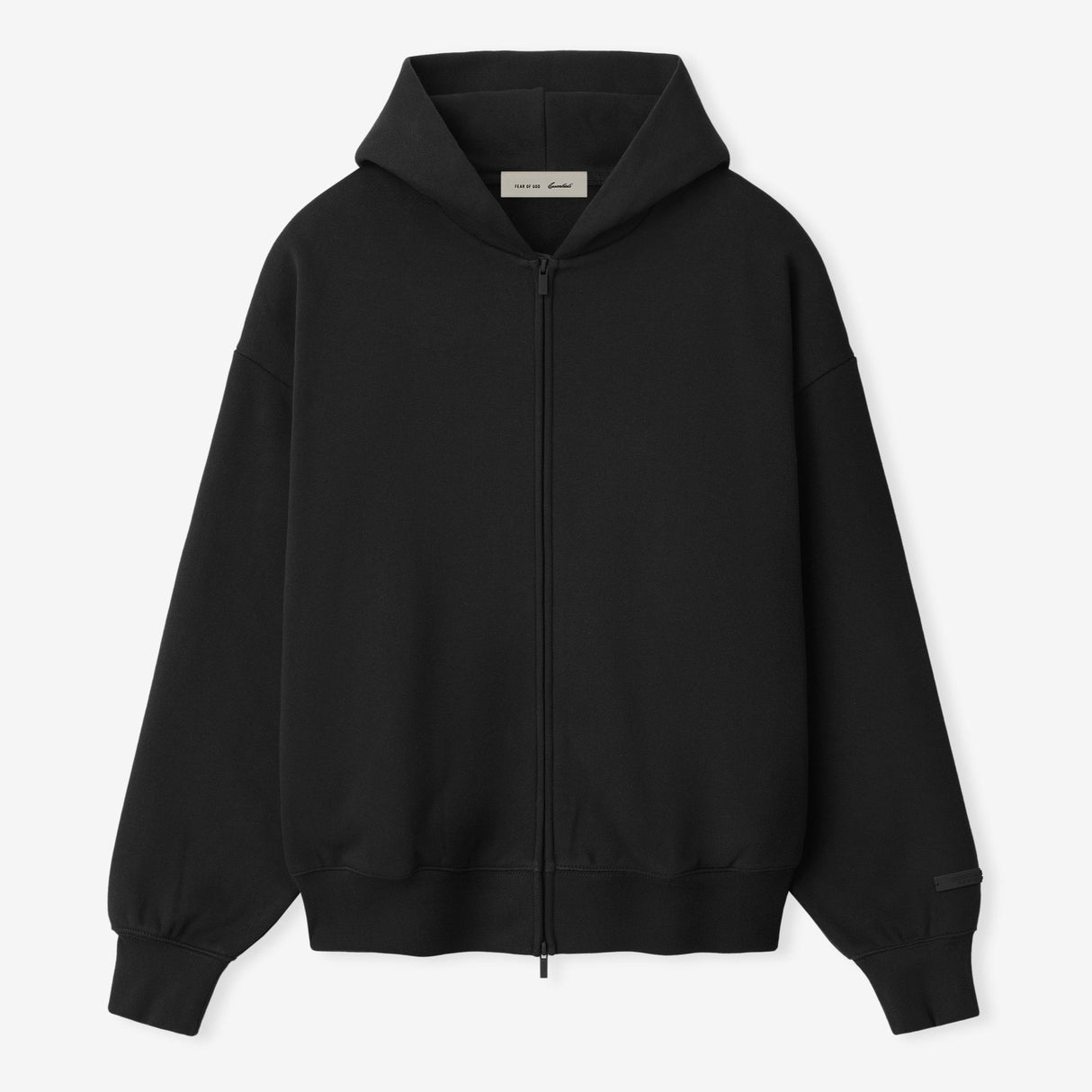 Fear Of God Essentials black and white zip-up hoodie with logo, casual apparel featuring a front zipper and hood.