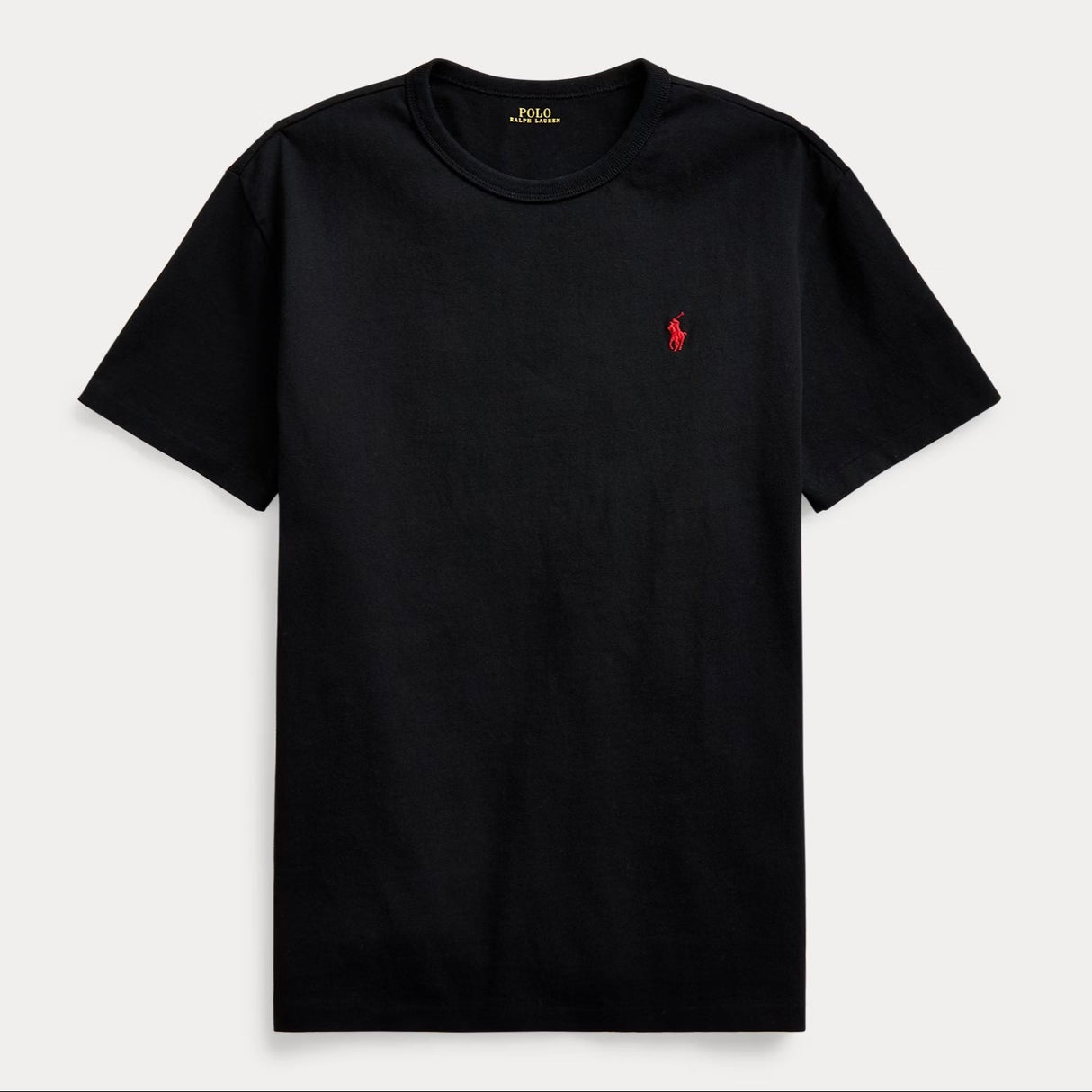 Black Polo Ralph Lauren classic fit heavyweight short sleeve tee shirt, displayed flat with short sleeves and crew neckline.