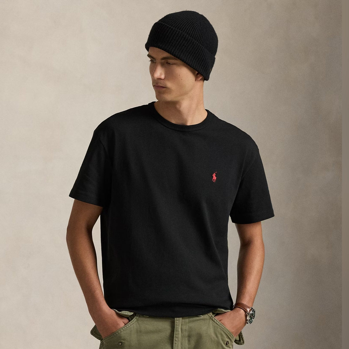 Black Polo Ralph Lauren classic fit heavyweight short sleeve tee, displayed flat with visible round neckline and short sleeves.
