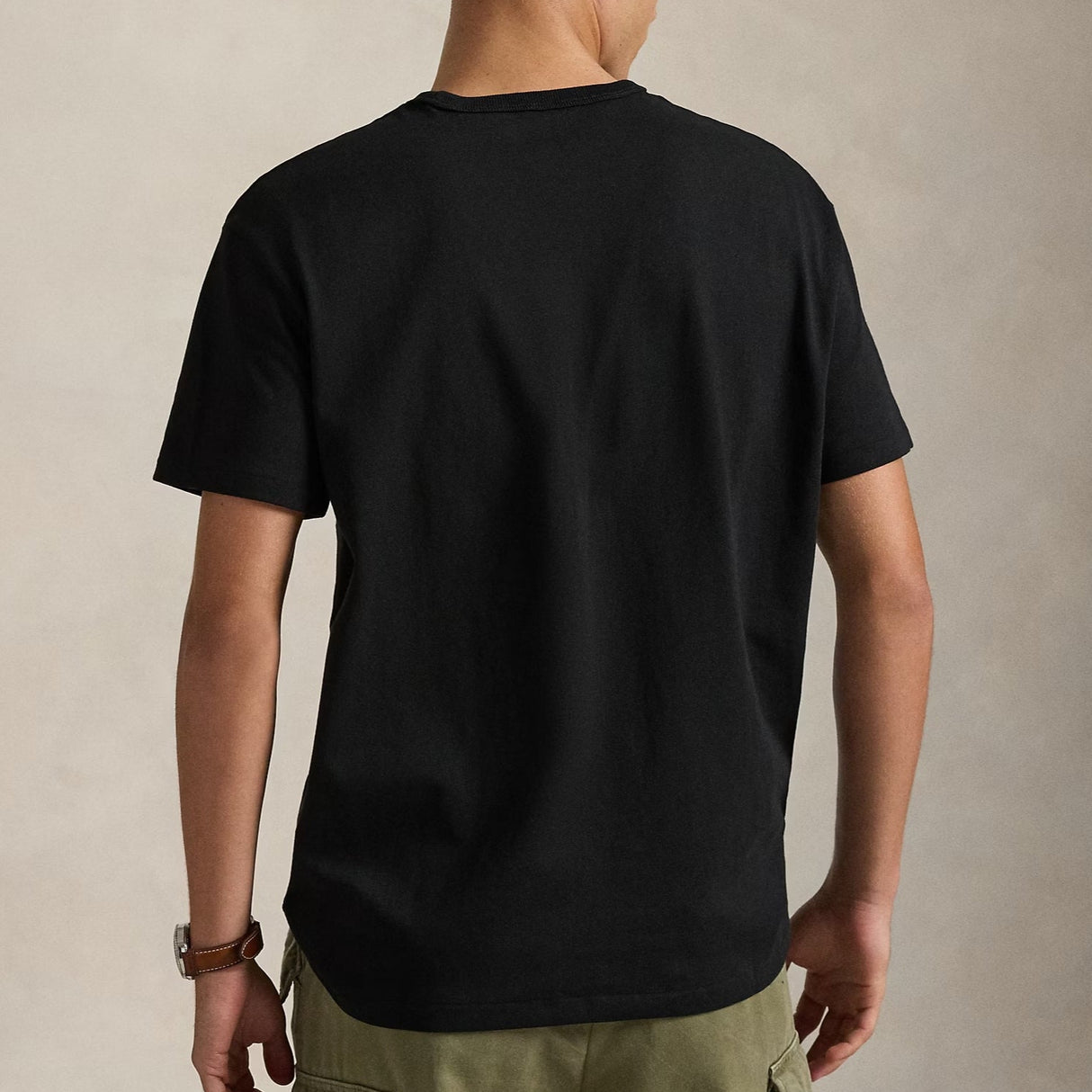 Black Polo Ralph Lauren classic fit heavyweight short sleeve T-shirt, soft cotton fabric, displayed flat with crew neckline.