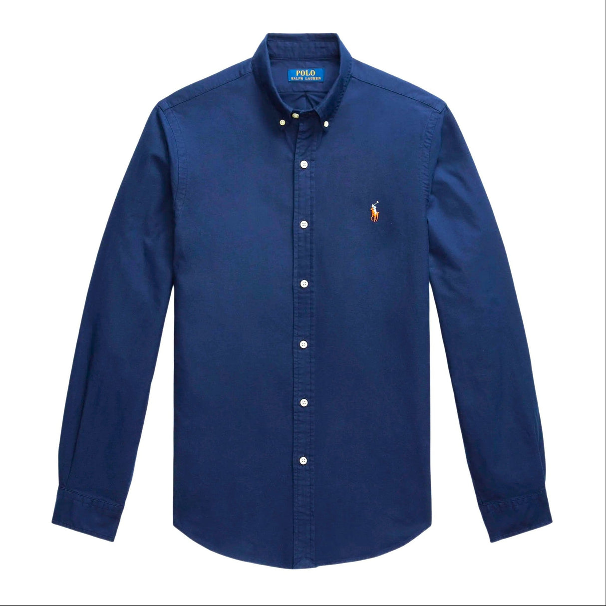 Navy Polo Ralph Lauren classic fit long sleeve Oxford shirt, button-down collar, and chest pocket, displayed on a hanger.