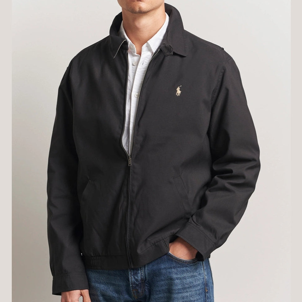 Black Polo Ralph Lauren Bi-Swing Harrington Jacket displayed on a hanger, showcasing its classic design and tailored fit.