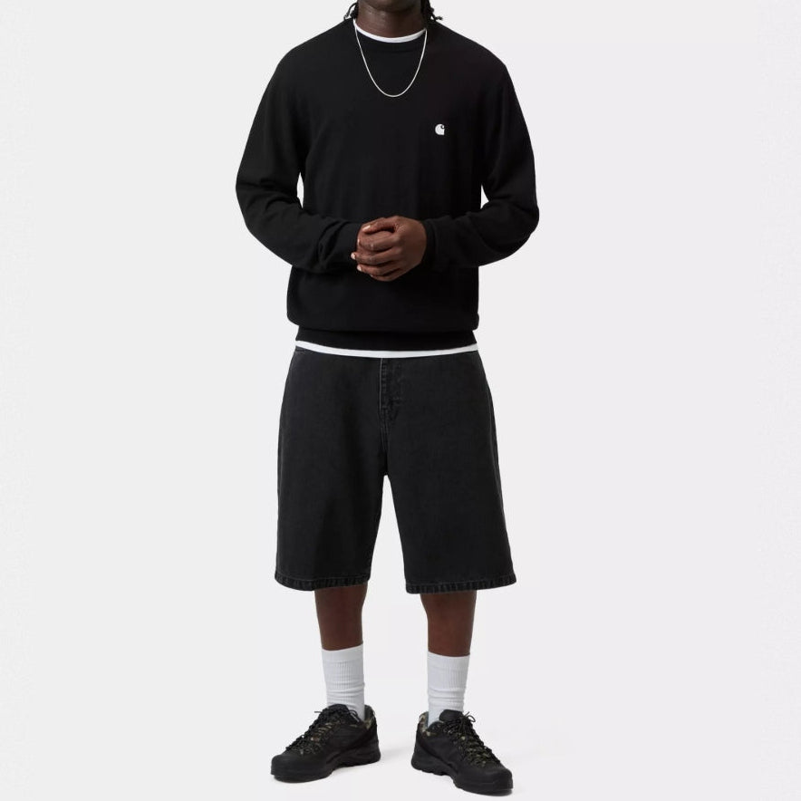 Black Stone Wash Carhartt WIP Landon Loose Fit Denim Shorts displayed on a mannequin, showcasing casual men's apparel.