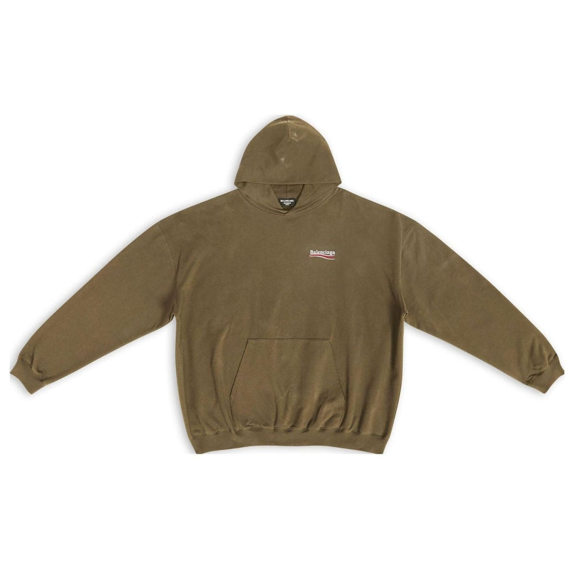 Balenciaga political campaign embroidery large fit khaki hoodie, casual streetwear with bold design and relaxed fit.