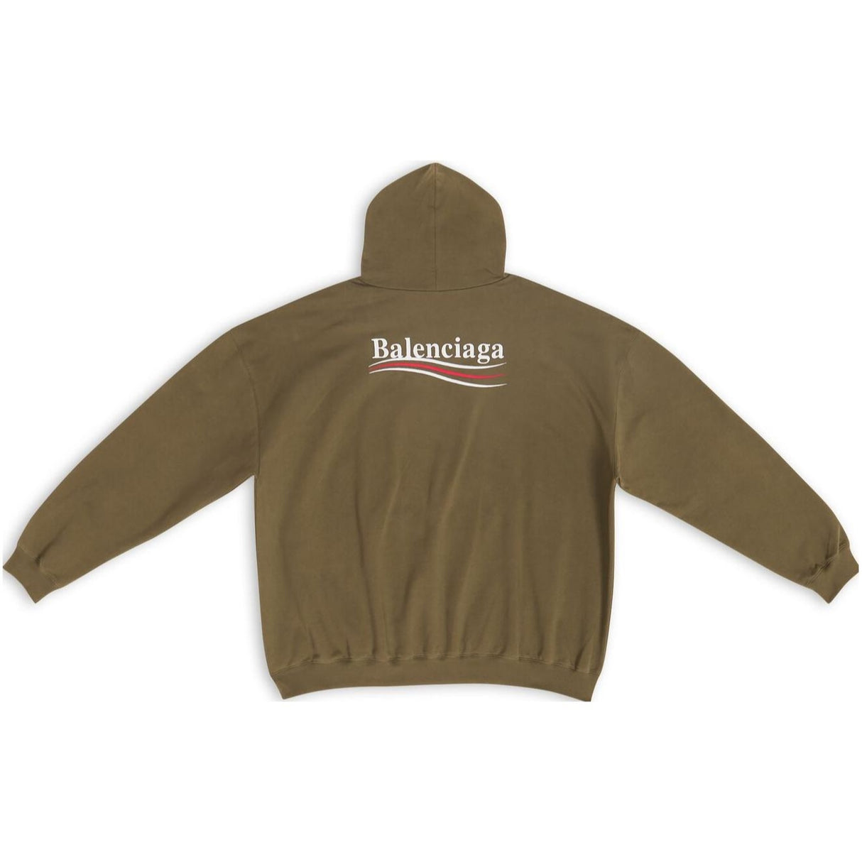 Balenciaga Political Campaign Embroidery large fit khaki hoodie with bold front design and casual style, made from soft fabric.