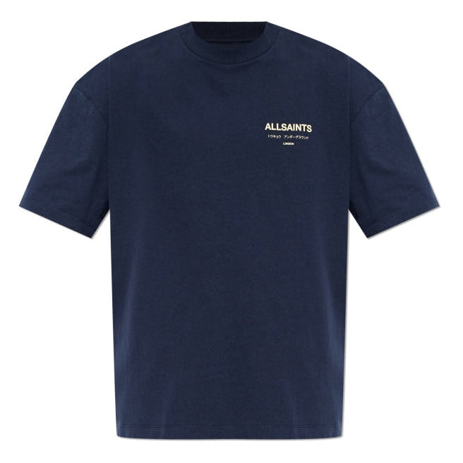 AllSaints Underground Logo Tee in MoonLit Blue, casual short-sleeve t-shirt with printed logo, displayed flat on a white background.