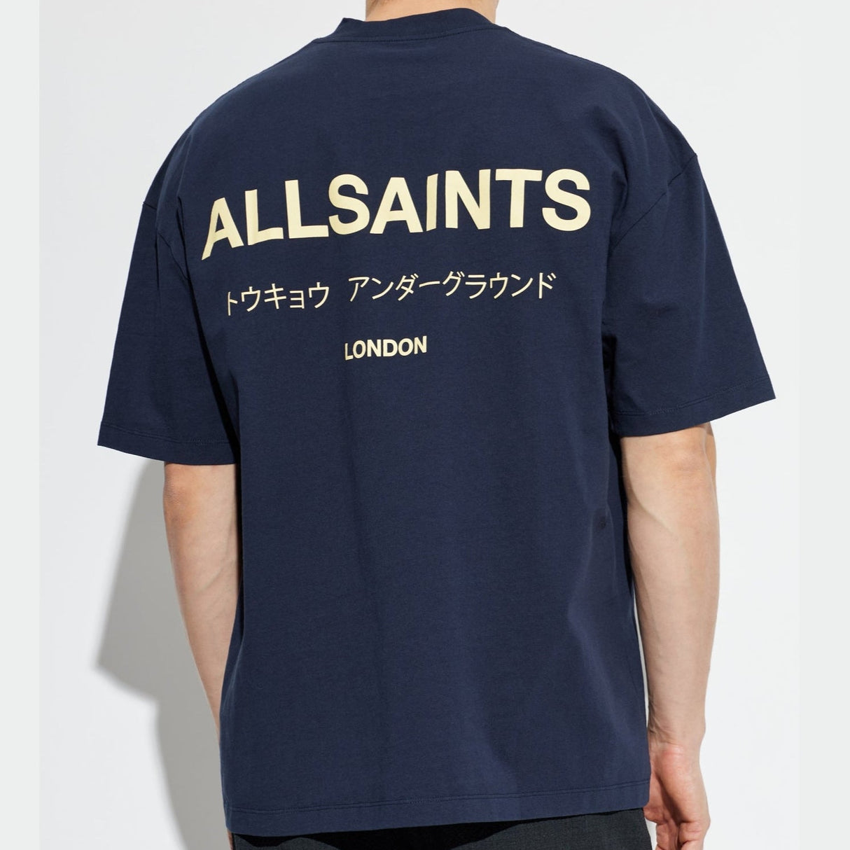 AllSaints Underground Logo Tee in MoonLit Blue, a casual short-sleeve shirt with a graphic logo on the front.