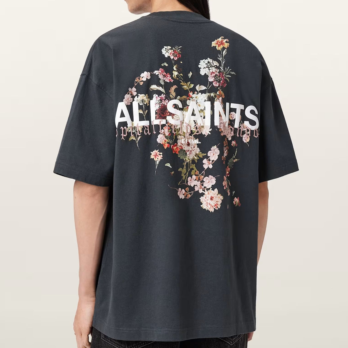 AllSaints Valen Tee in washed black, casual short sleeve shirt with a relaxed fit, displayed on a flat surface.