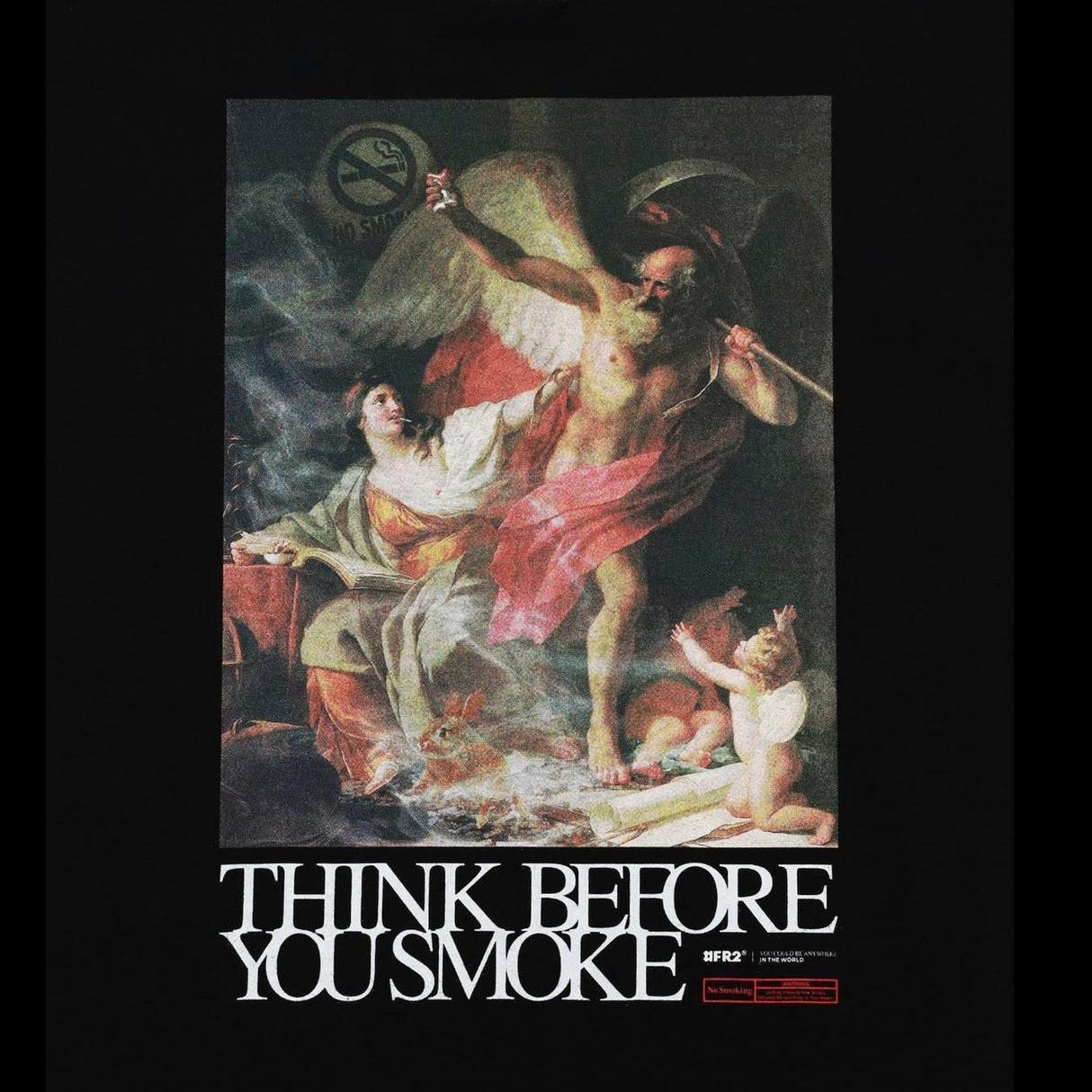 Black FR2 Think Before You Smoke art T-shirt featuring bold graphic design on front, casual streetwear style.