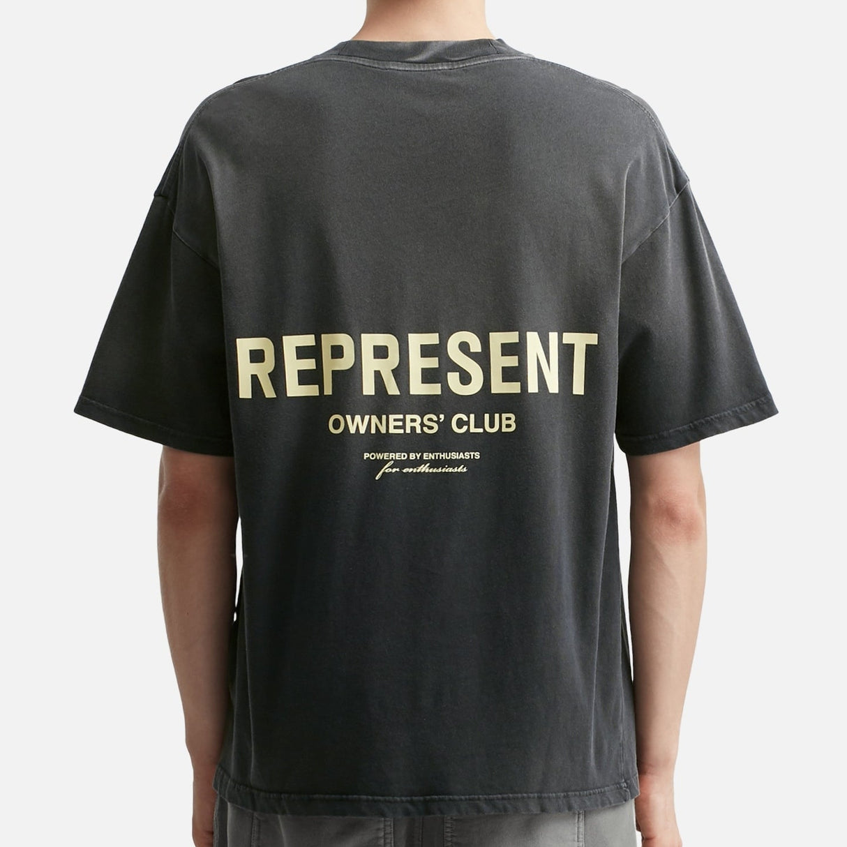 Represent Owners Club Logo Tee in aged black with a prominent logo print on the front. Casual men's T-shirt from REPRESENT.