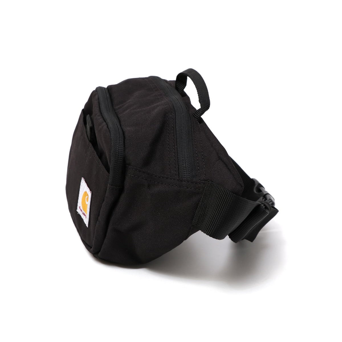 Black Carhartt Classic Waist Bag with adjustable strap and front zipper pocket, perfect for casual carrying.