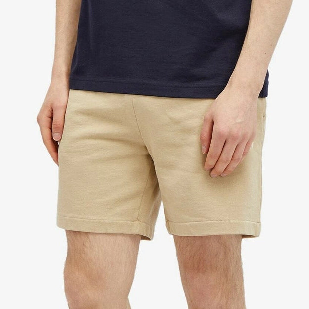 Ralph Lauren Polo Loopback Sweat Shorts in Coastal Beige, casual men's athletic shorts with a comfortable fit and Ralph Lauren logo.