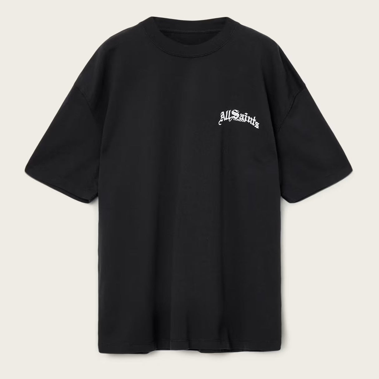 Black AllSaints Descent Embroidered Logo Tee featuring a crew neck, short sleeves, and embroidered logo on the front.