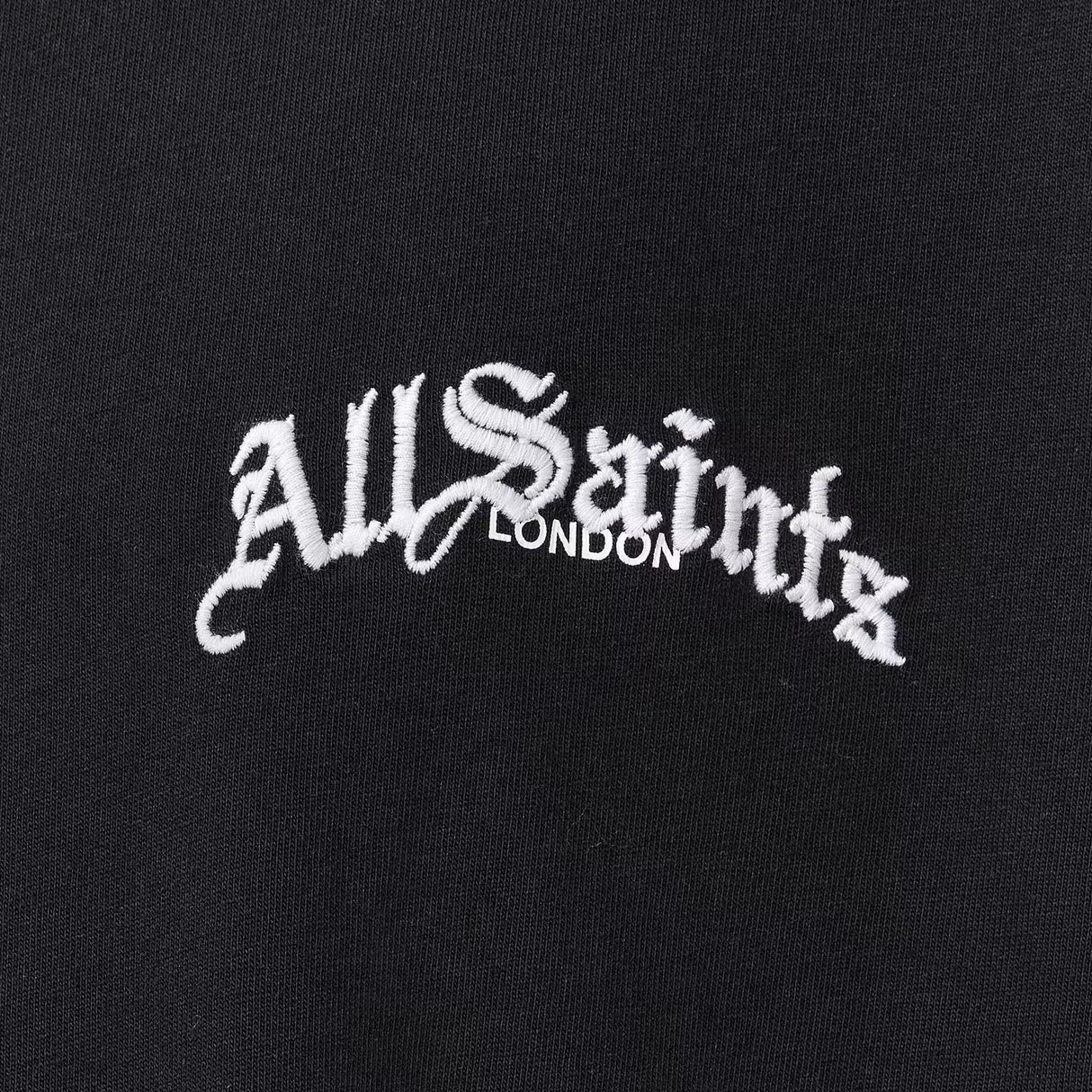 Black AllSaints Descent embroidered logo T-shirt, casual apparel with detailed logo embroidery on the front.