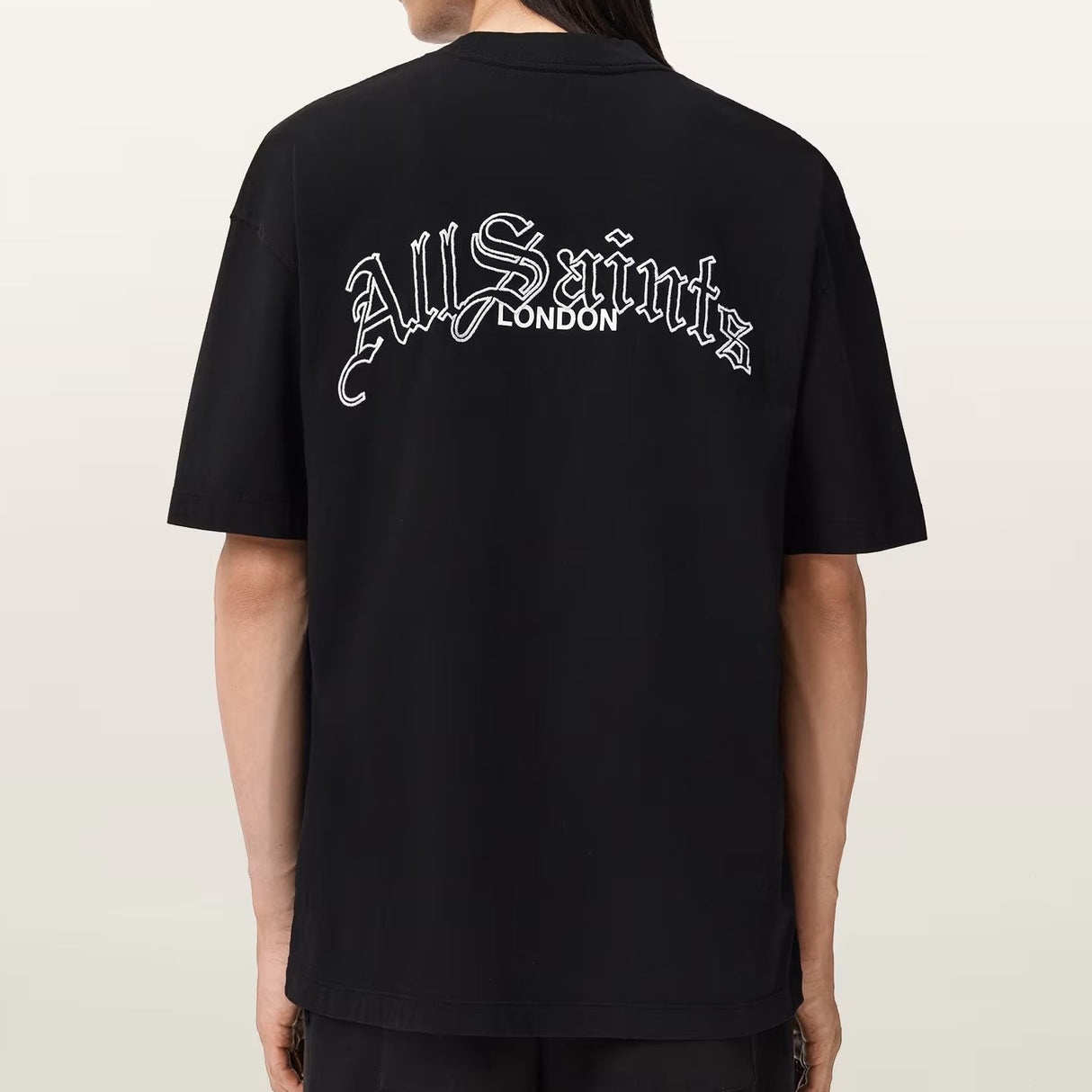 Black AllSaints Descent embroidered logo T-shirt, casual apparel with a subtle logo detail, displayed on a white background