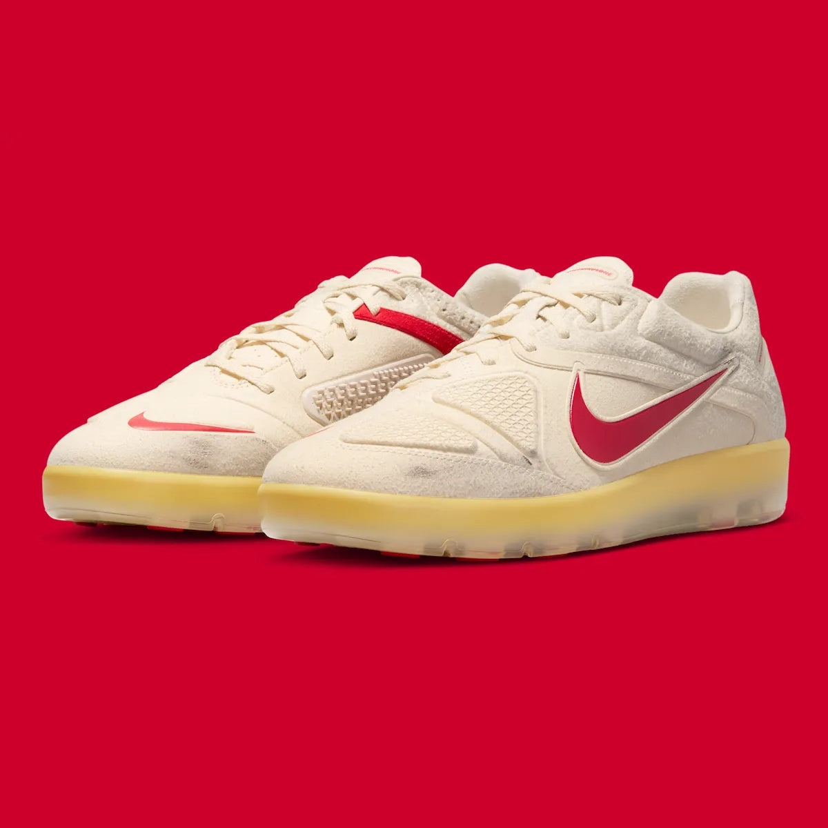Nike PEACEMINUSONE x Cryoshot CTR360 Maestri II shoes in natural university red, featuring sleek design and Nike branding.