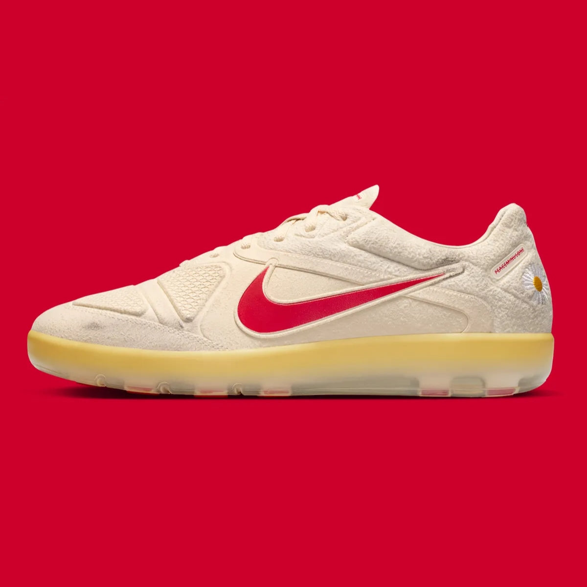 Nike PEACEMINUSONE x Cryoshot CTR360 Maestri II shoes in natural university red with white accents, featuring sleek athletic design.