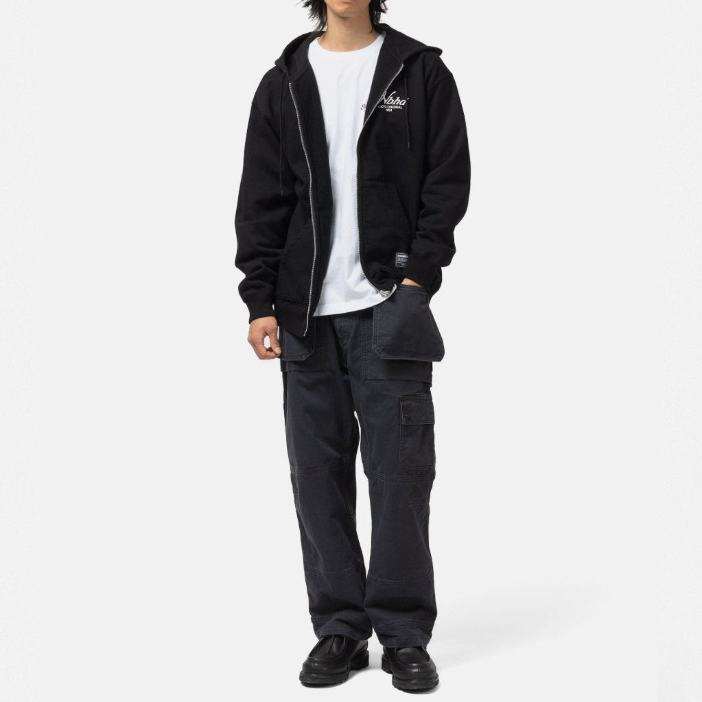 Black Neighborhood Staple Zip Hoodie, casual apparel with front zipper and hood, displayed on a plain background.