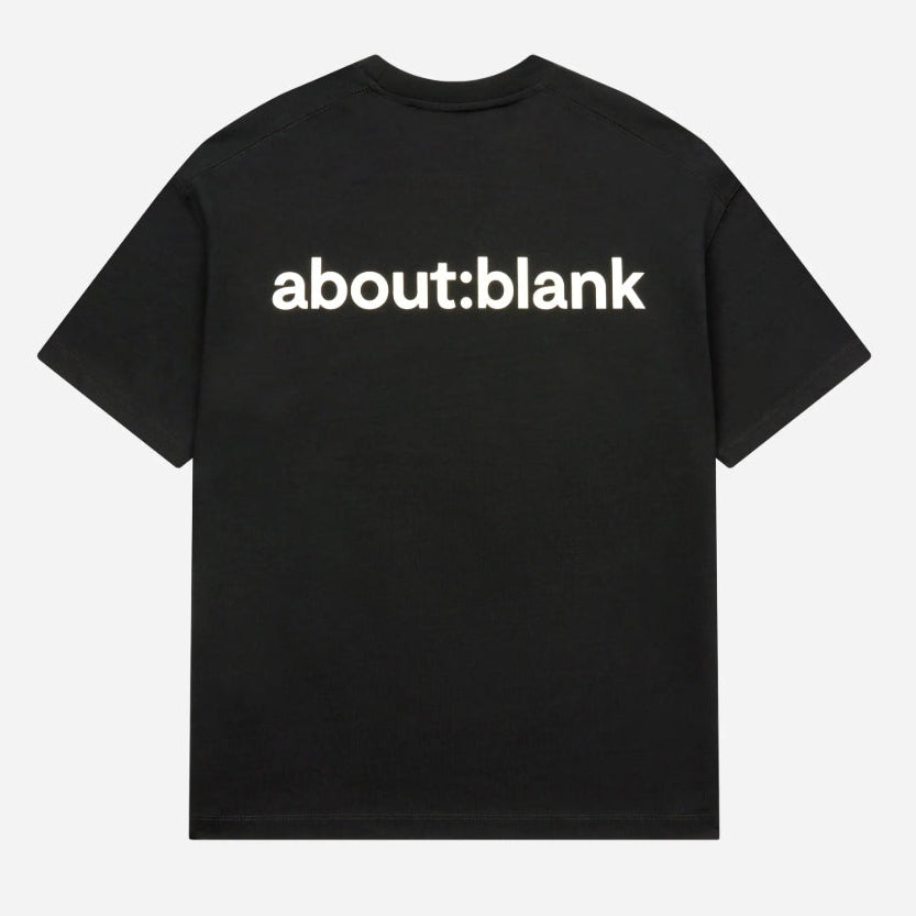 Black AboutBlank Reverse Blank Tee from About:Blank, showing a square-shaped black t-shirt with minimal design.