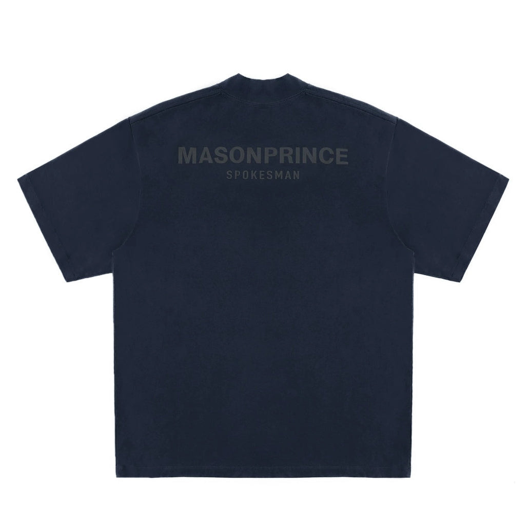 MasonPrince navy oversized mock neck tee with reflective details, displayed on a white background.
