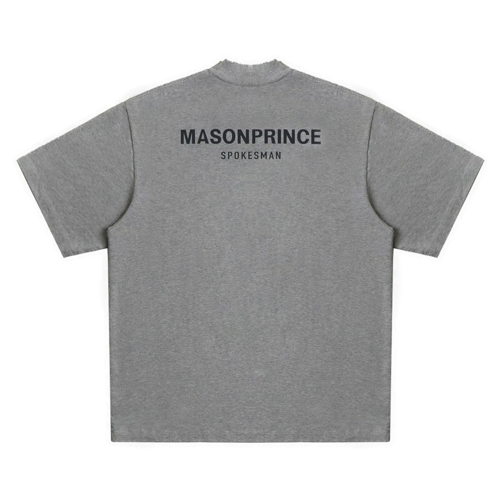 Dark grey MasonPrince reflective oversized mock neck tee, casual apparel with a relaxed fit and stylish design.