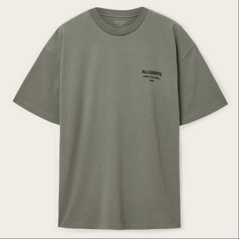 AllSaints Xander flocked logo tee in maple green, men's casual apparel with a comfortable fit and stylish design.