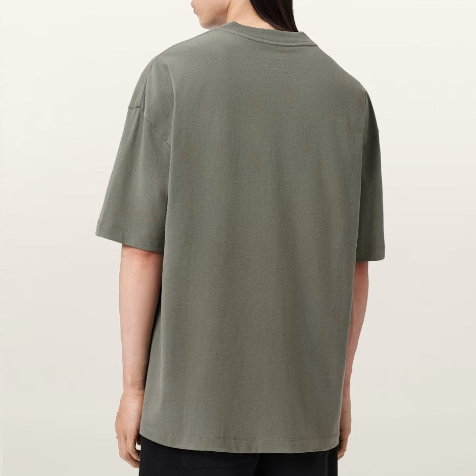 AllSaints Xander Flocked Logo Tee in maple green, casual men's t-shirt with flocked logo detail, made from soft cotton fabric.
