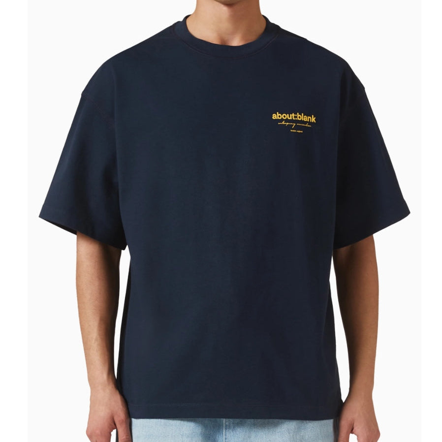 Navy AboutBlank Reverse Blank Tee shirt with minimalist design, casual fit, and soft fabric, ideal for everyday wear.