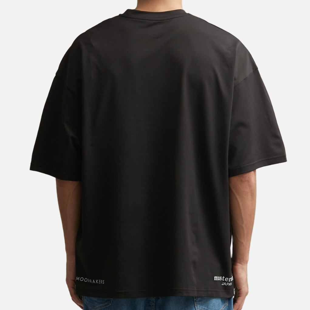 Mastermind Japan X MOONRAKERS skull graphic front T-shirt, boxy fit, casual apparel, black and white design.