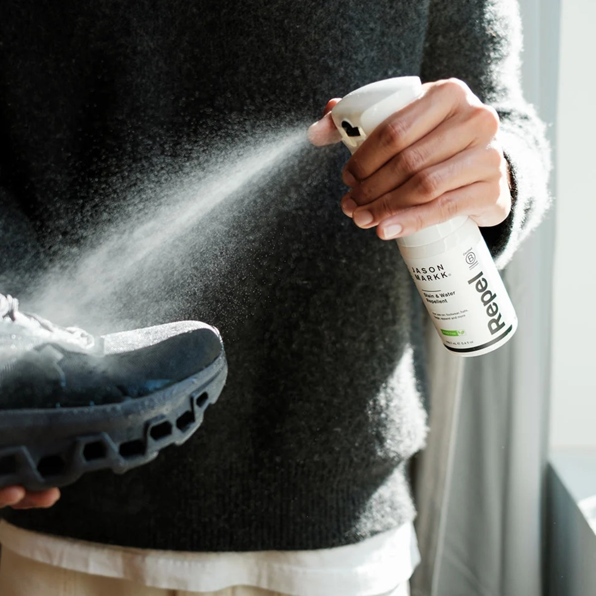 Jason Markk Repel Shoe Spray Refill for shoe care, featuring a spray bottle, used to protect shoes from stains and water.