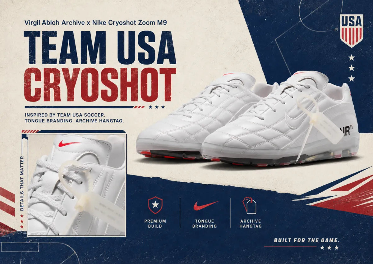 White Nike Cryoshot Zoom M9 shoes from the Virgil Abloh Archive x Nike collaboration, featuring sleek design and modern sneaker details.