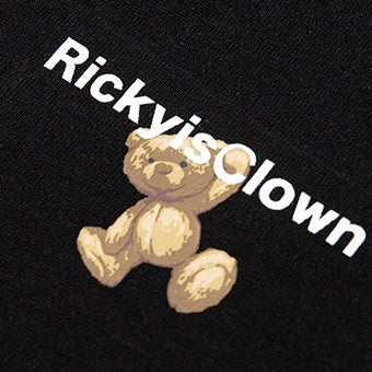 Black Rickyisclown Teddy Bear Smiley Tee featuring a playful teddy bear graphic on soft cotton fabric.