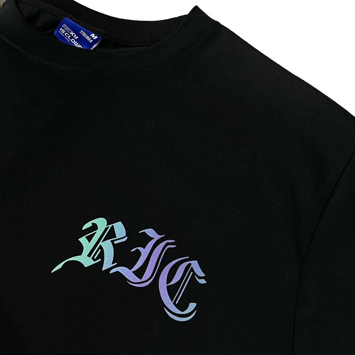 Black Rickyisclown Boss Bunny Laser Reflective T-shirt with reflective bunny logo, casual apparel by RICKYISCLOWN.