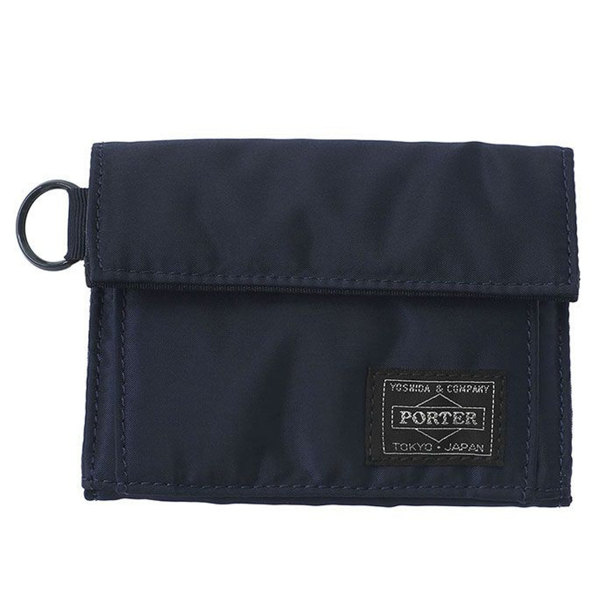 Porter Yoshida Japan Tanker Two-Fold Wallet in iron blue, durable accessory with multiple compartments, branded by PORTER JAPAN.