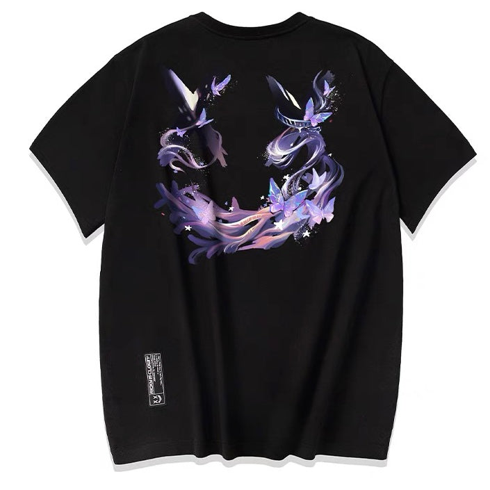 Black Rickyisclown Mystical Butterfly Tee featuring a colorful butterfly graphic on the front, casual fit, and branded label.