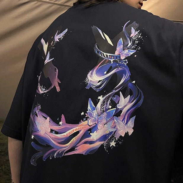 Black Rickyisclown Mystical Butterfly Tee featuring a colorful butterfly graphic on the front, casual apparel for everyday wear.