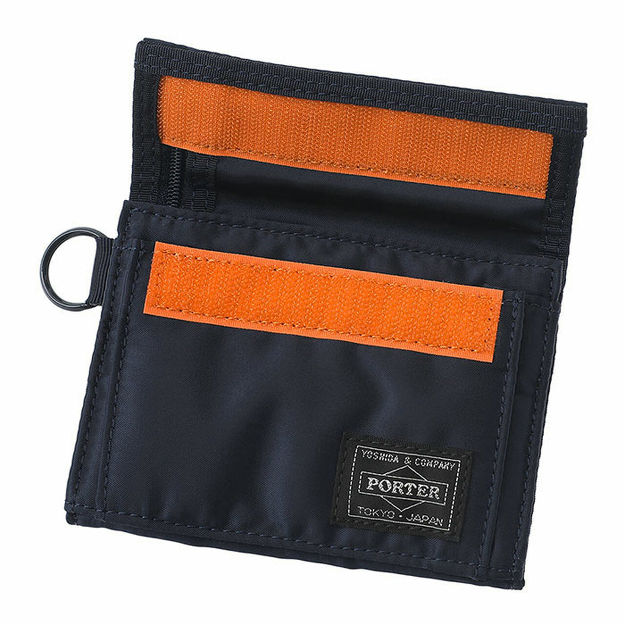 Porter Japan Tanker Two-Fold Wallet in iron blue with brown leather accents, compact design, and multiple card slots.