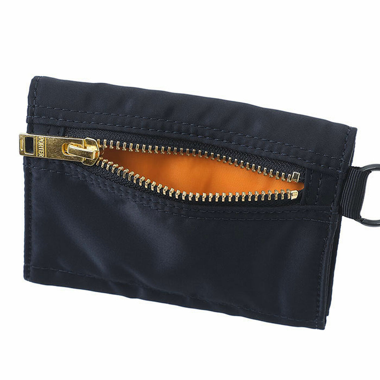 Porter Japan Tanker Two-Fold Wallet in Iron Blue, showing its compact design and leather material with multiple card slots.