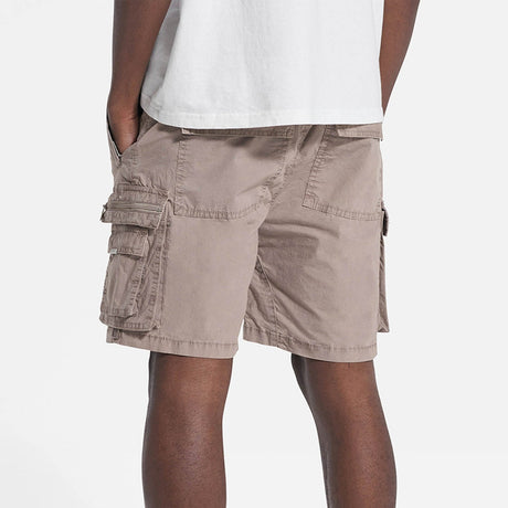 Represent cargo shorts in stone color, casual men's apparel with multiple pockets and comfortable fit.