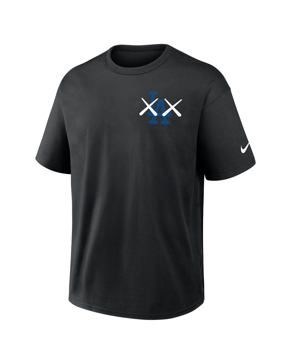 Black KAWS X Nike Los Angeles Dodgers MLB Elevated Max 90 Tee for men, featuring graphic artwork and casual athletic style.