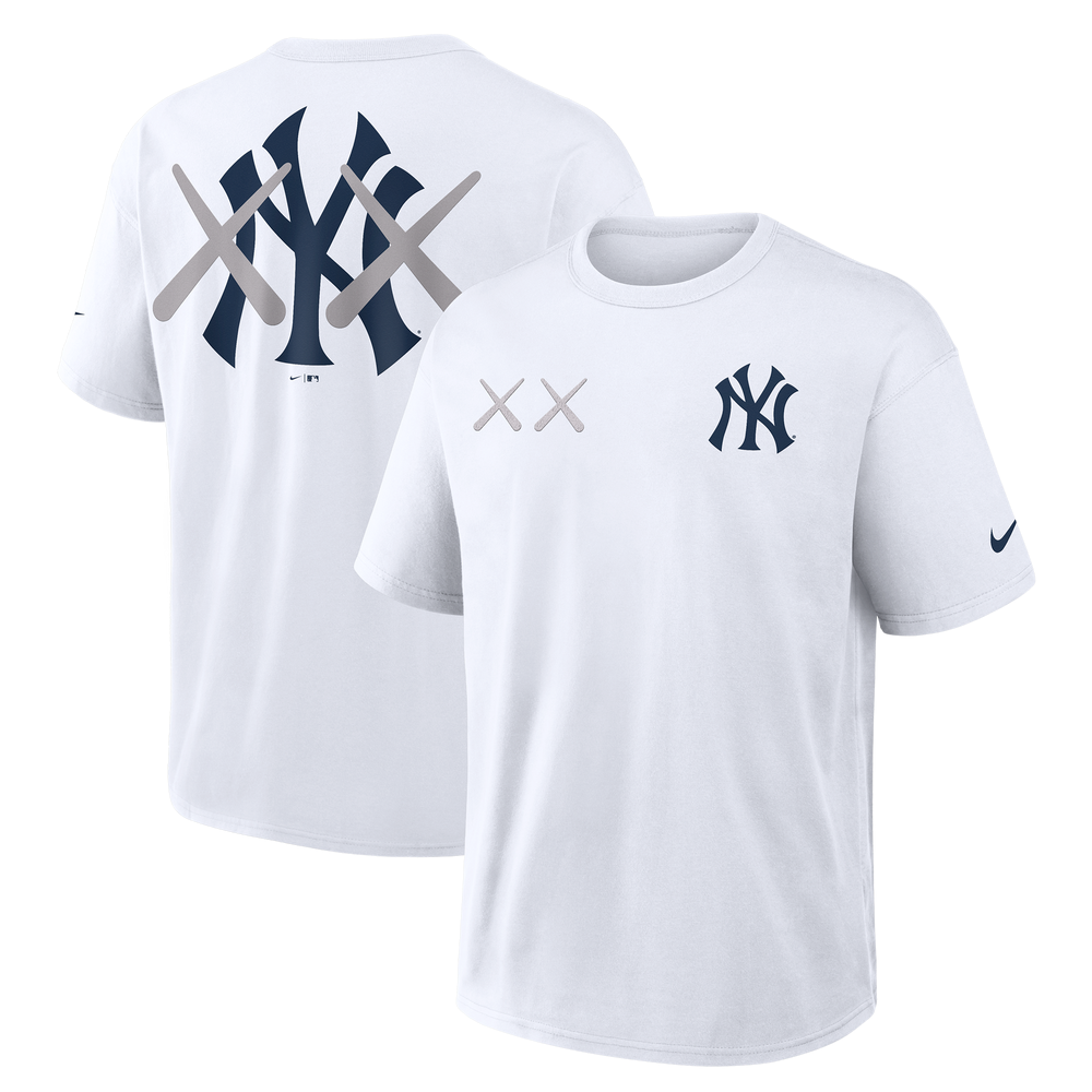 White KAWS X Nike MLB Elevated Max 90 men's tee from HUMAN MADE featuring graphic design on the front.