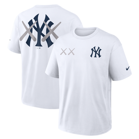 White MLB X KAWS X Nike New York Yankees T-shirt by HUMAN MADE featuring graphic print on front.