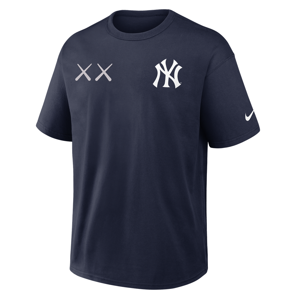 Navy KAWS X Nike men's MLB Elevated Max 90 tee from HUMAN MADE, featuring graphic design on the front.